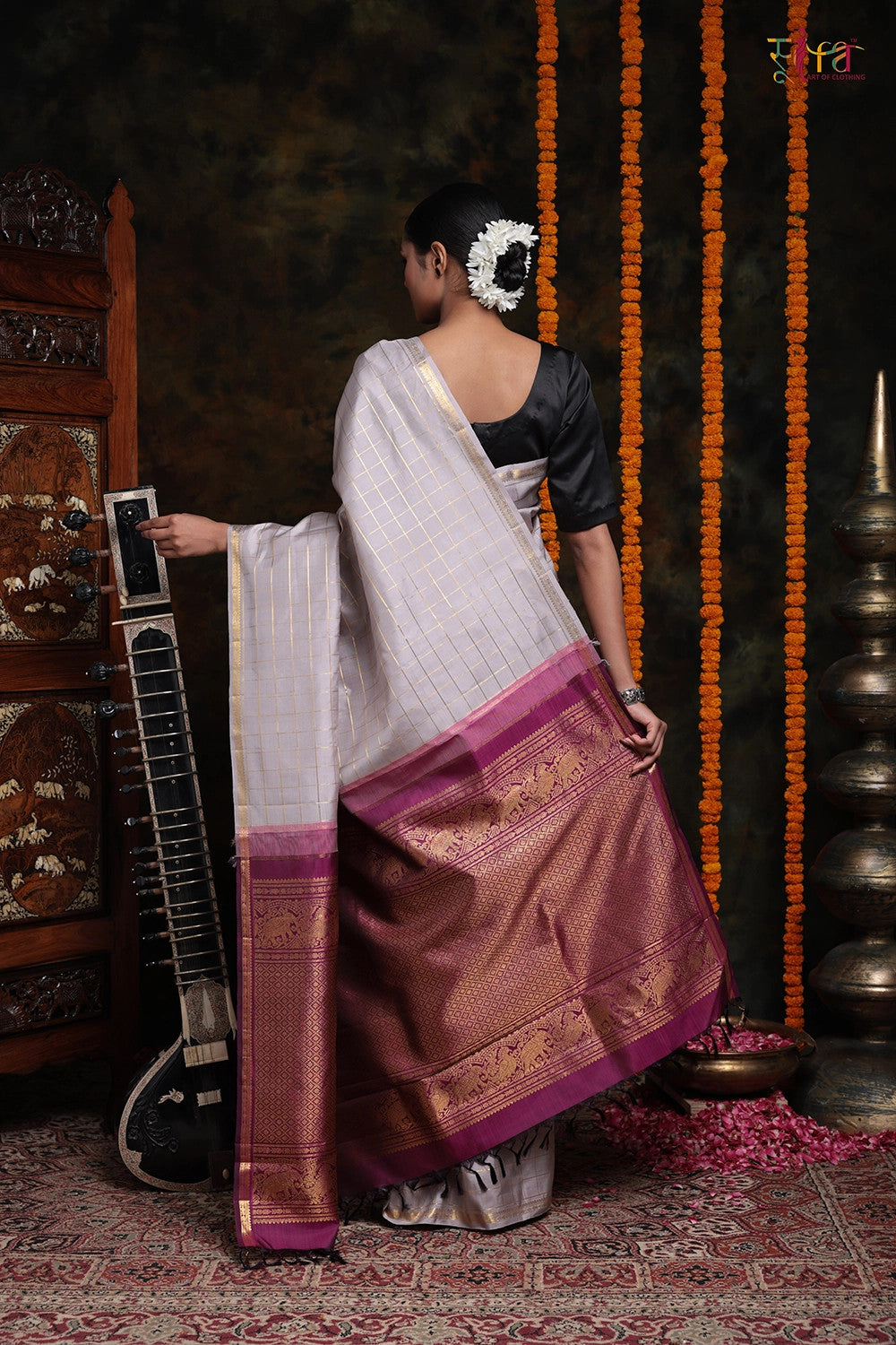 Handloom Grey And Wine Kanchipattu With Zari Check