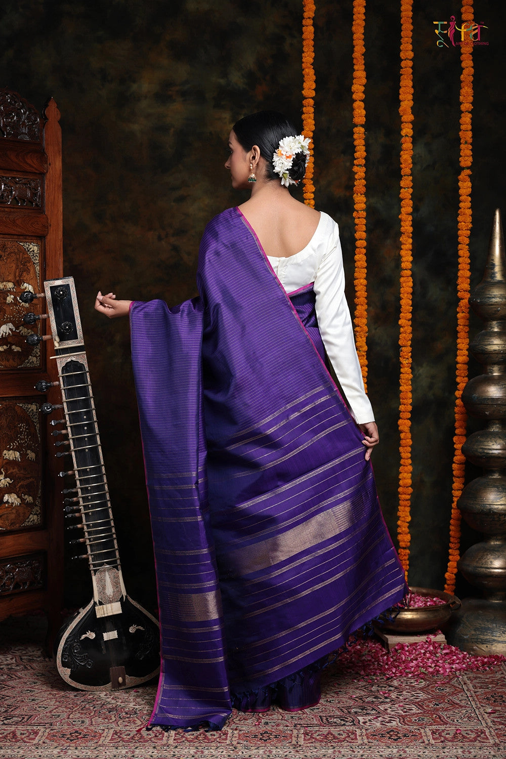 Grape Violet Handloom Kanchipattu Saree With Silver Stripes