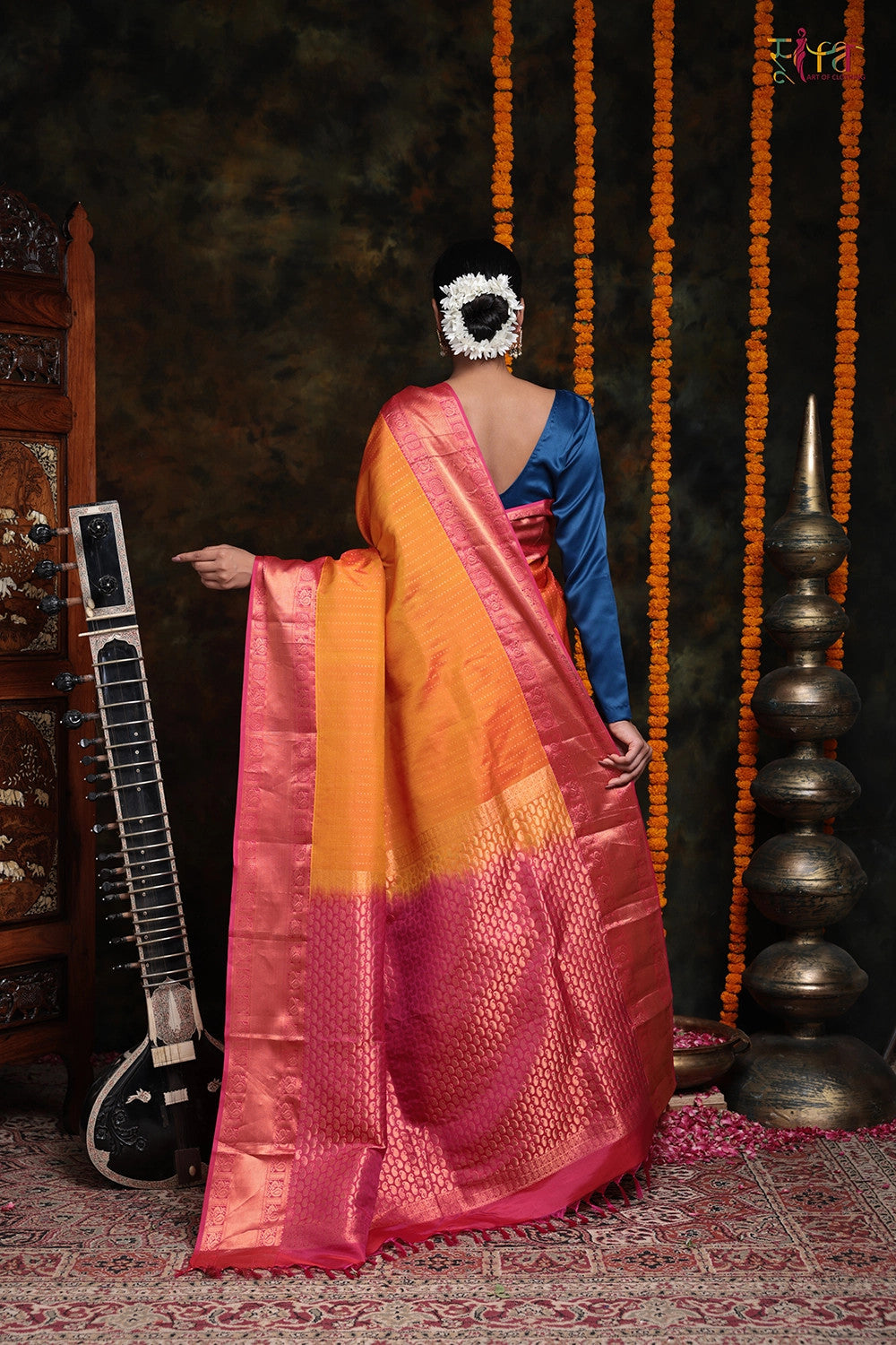 Orange Handloom Pure Silk Kanchipattu With Hot Pink Border