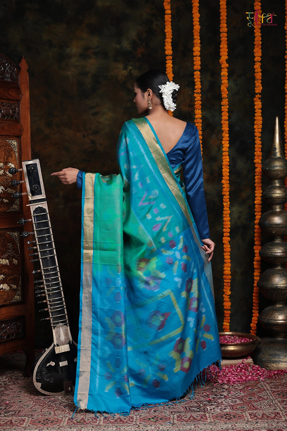 Handloom Green And Royal Blue Pure Mulberry. Silk Pochamaplly Saree With Zari Border