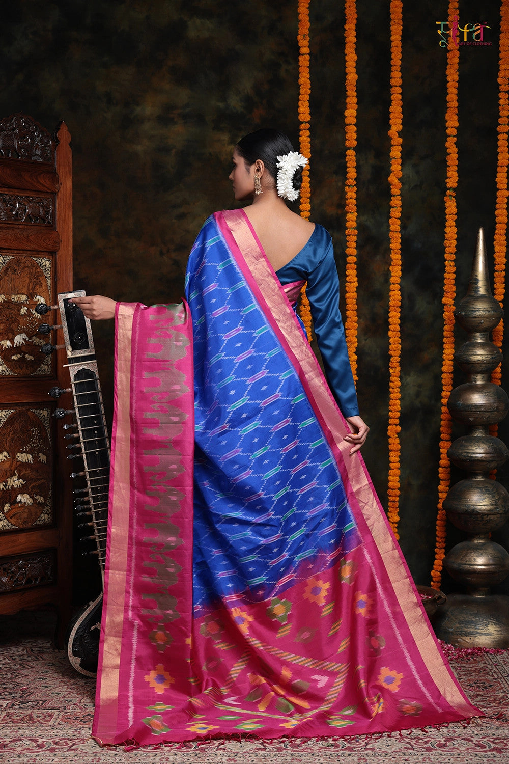 Handloom Blue And Pink Pure Mulberry Silk Pochampally Saree With Zari Border