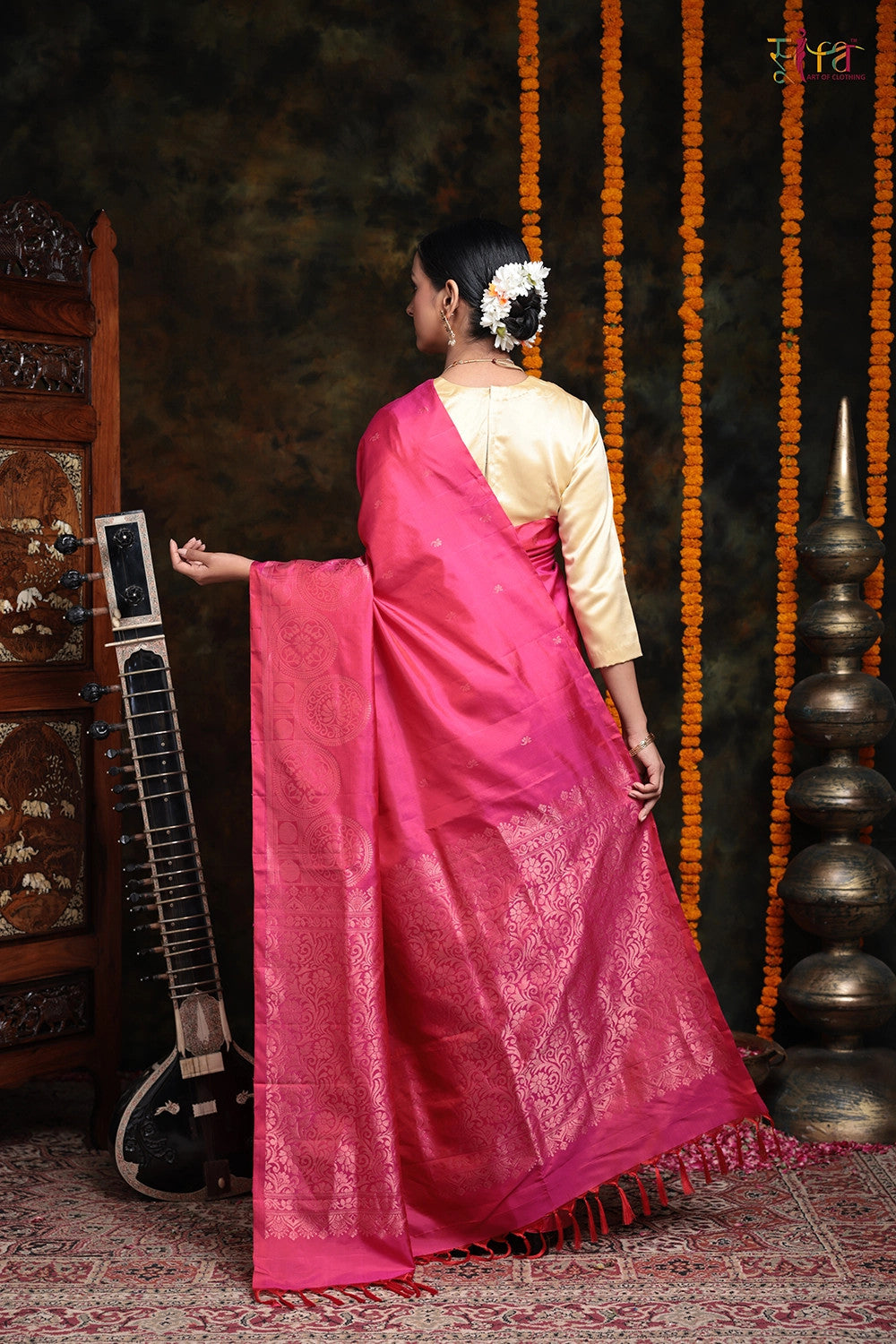 Handloom Hot Pink Pure Silk Saree With Gold Zari