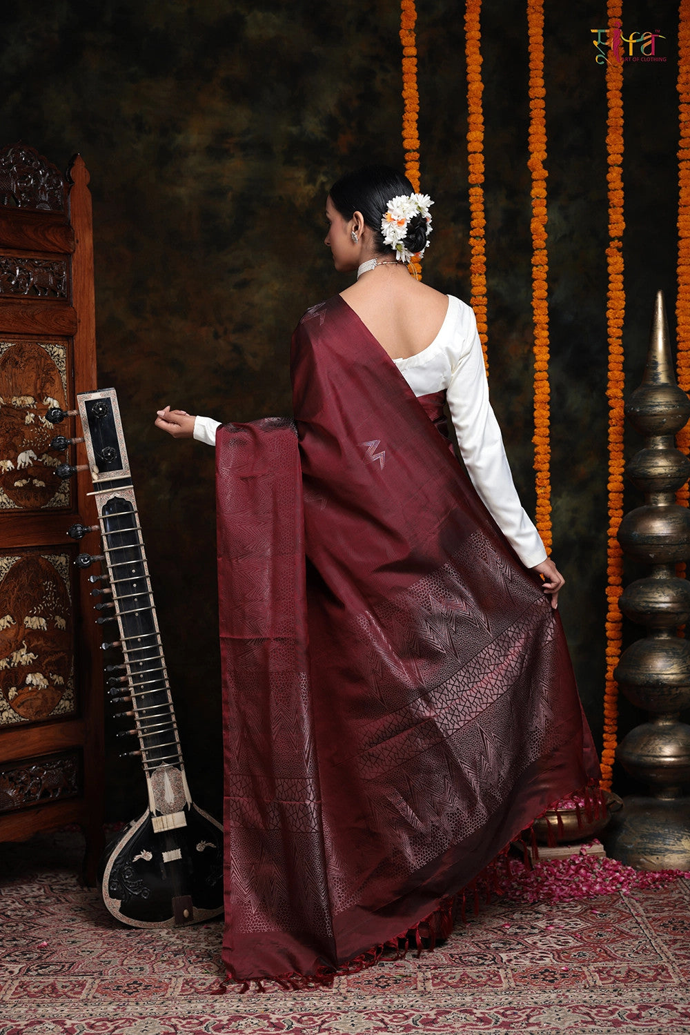 Handloom Wine Pure Silk Kanchi Contemporary With Copper Zari