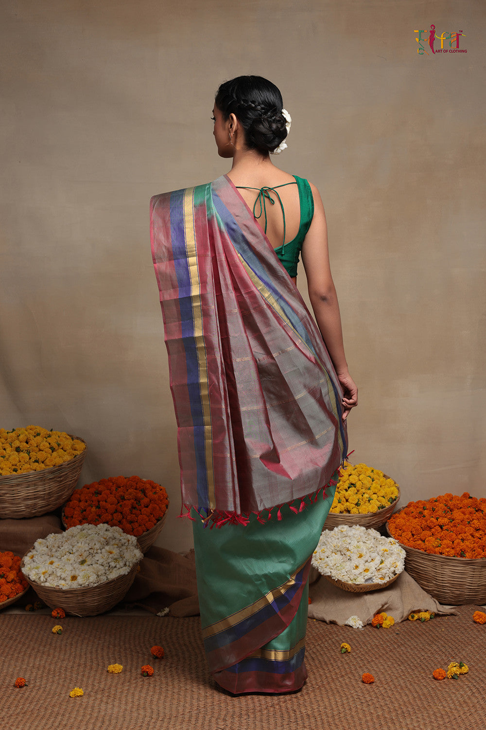 Handloom  Fern Green Pure Silk Kanchi Contemporary Saree