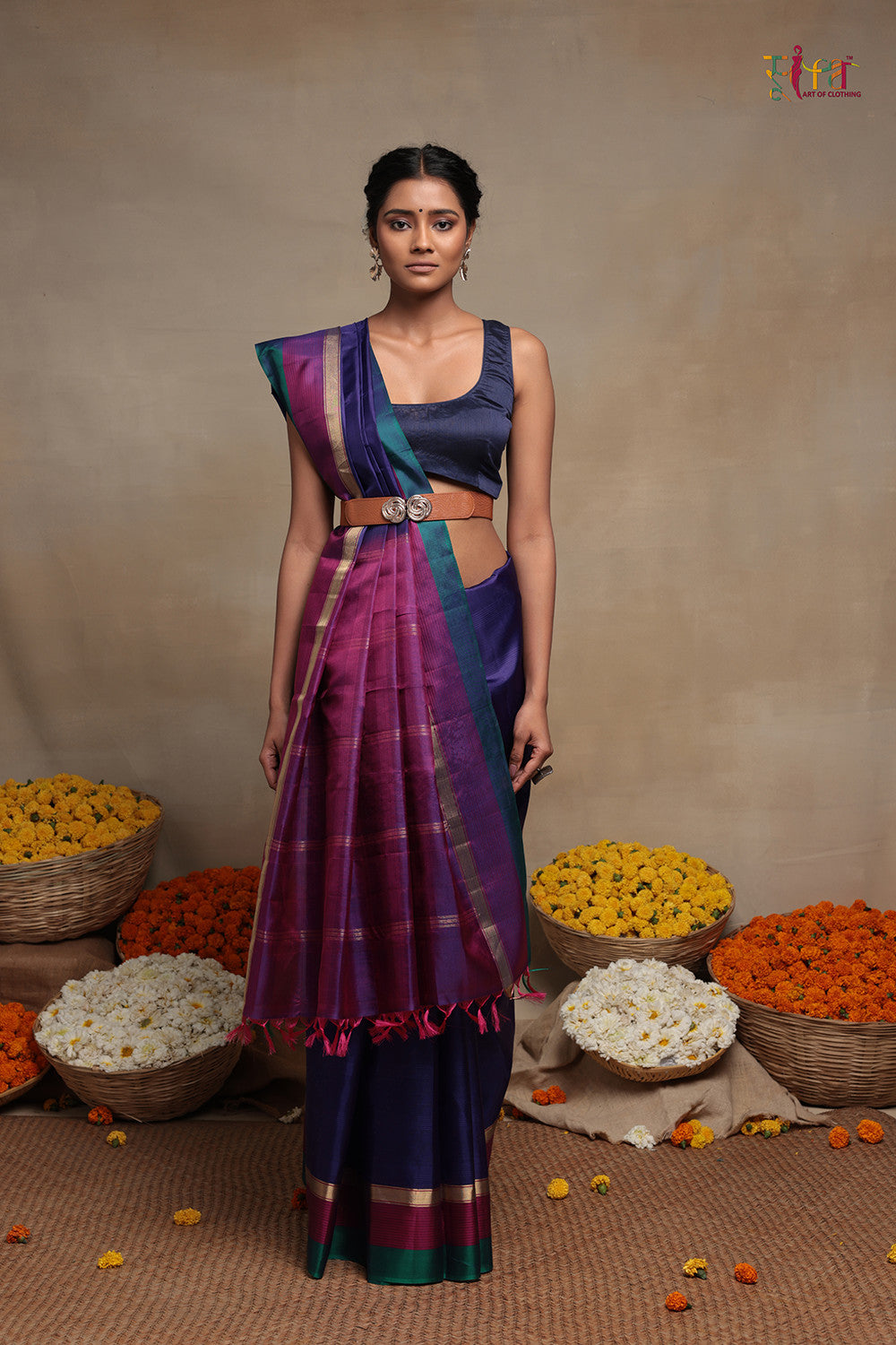 Handloom Navy Blue pure Silk Kanchi contemporary Saree