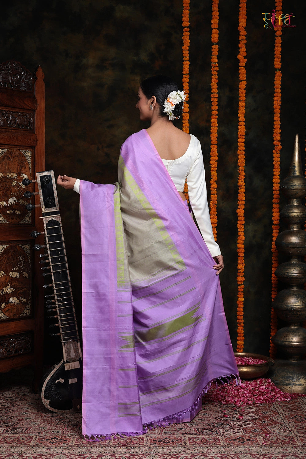 Handloom Lavender & Lime Green Check Pure Silk Saree