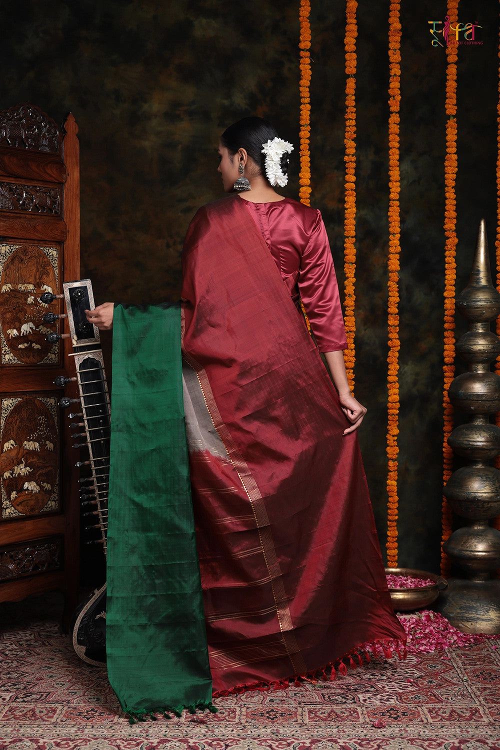 Handloom Maroon and Green Pure Silk contemporary Saree