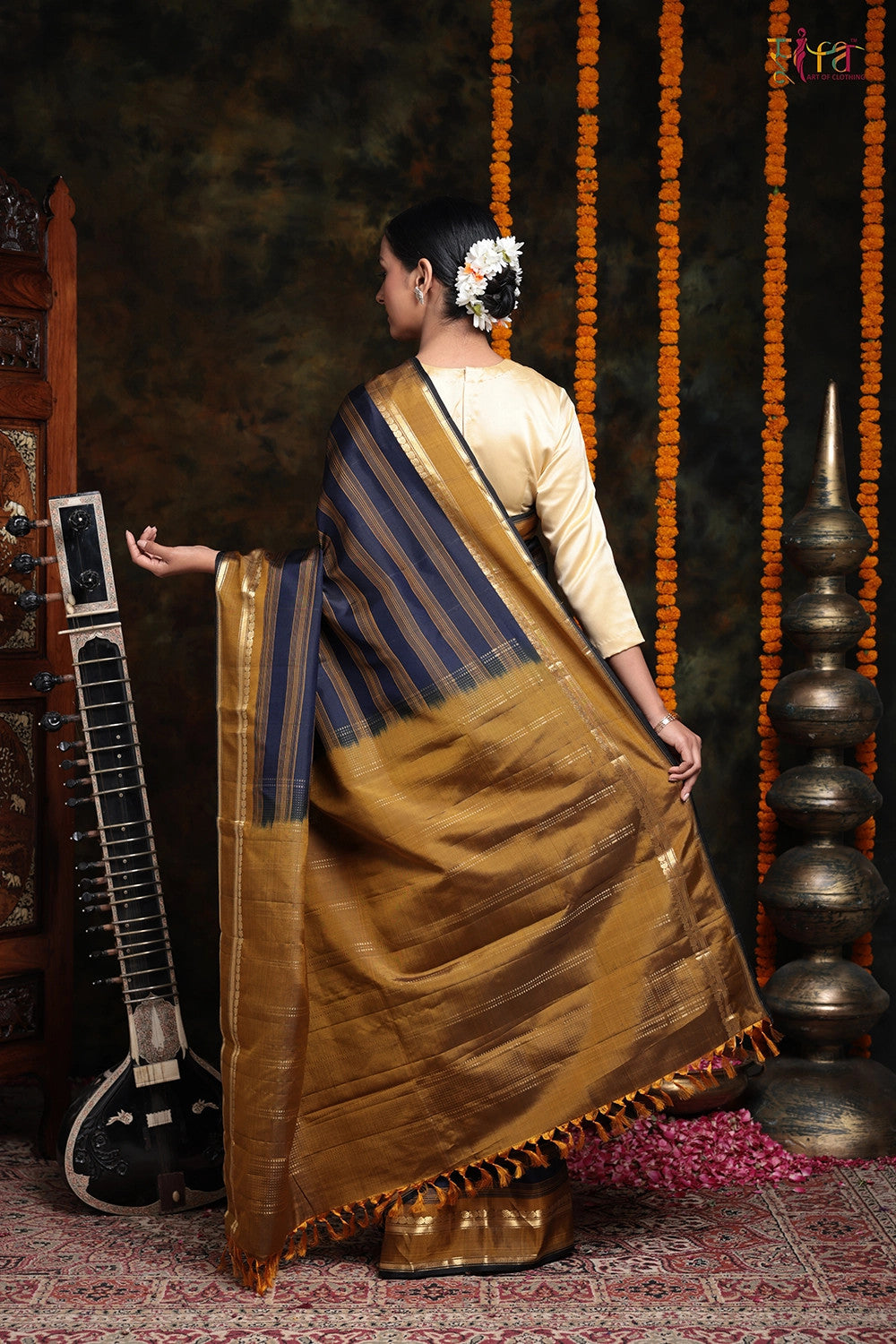 Handloom Ochre Mustard and Navy Blue Pure Silk Saree