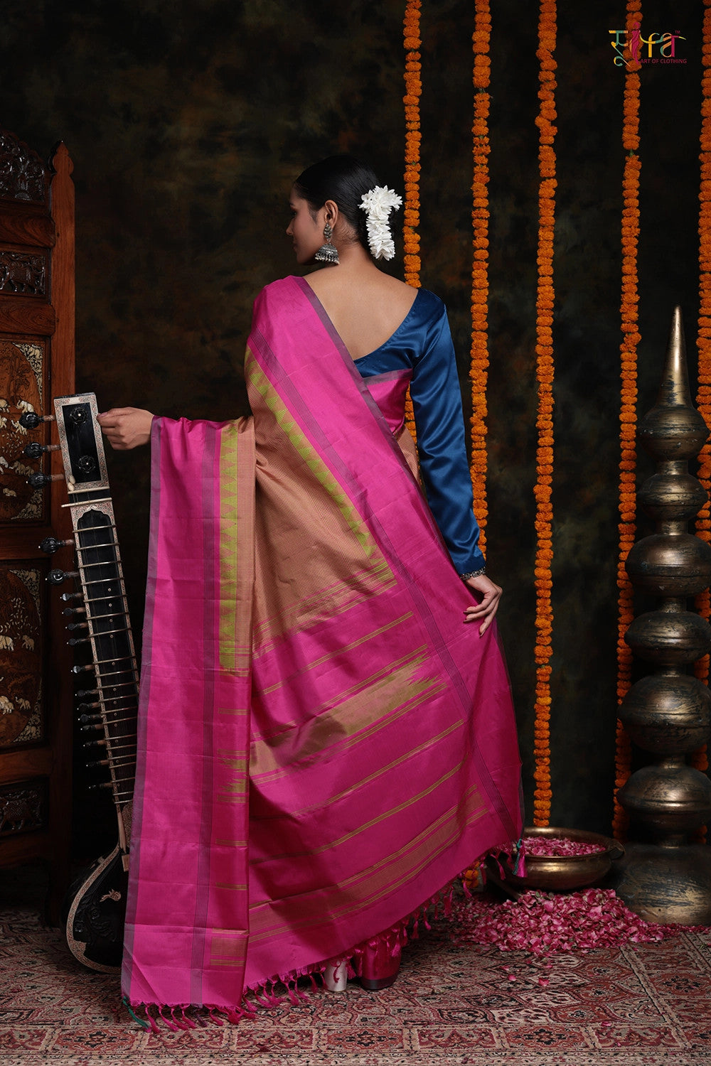 Handloom Pink & Lime Green Check Pure Silk Saree