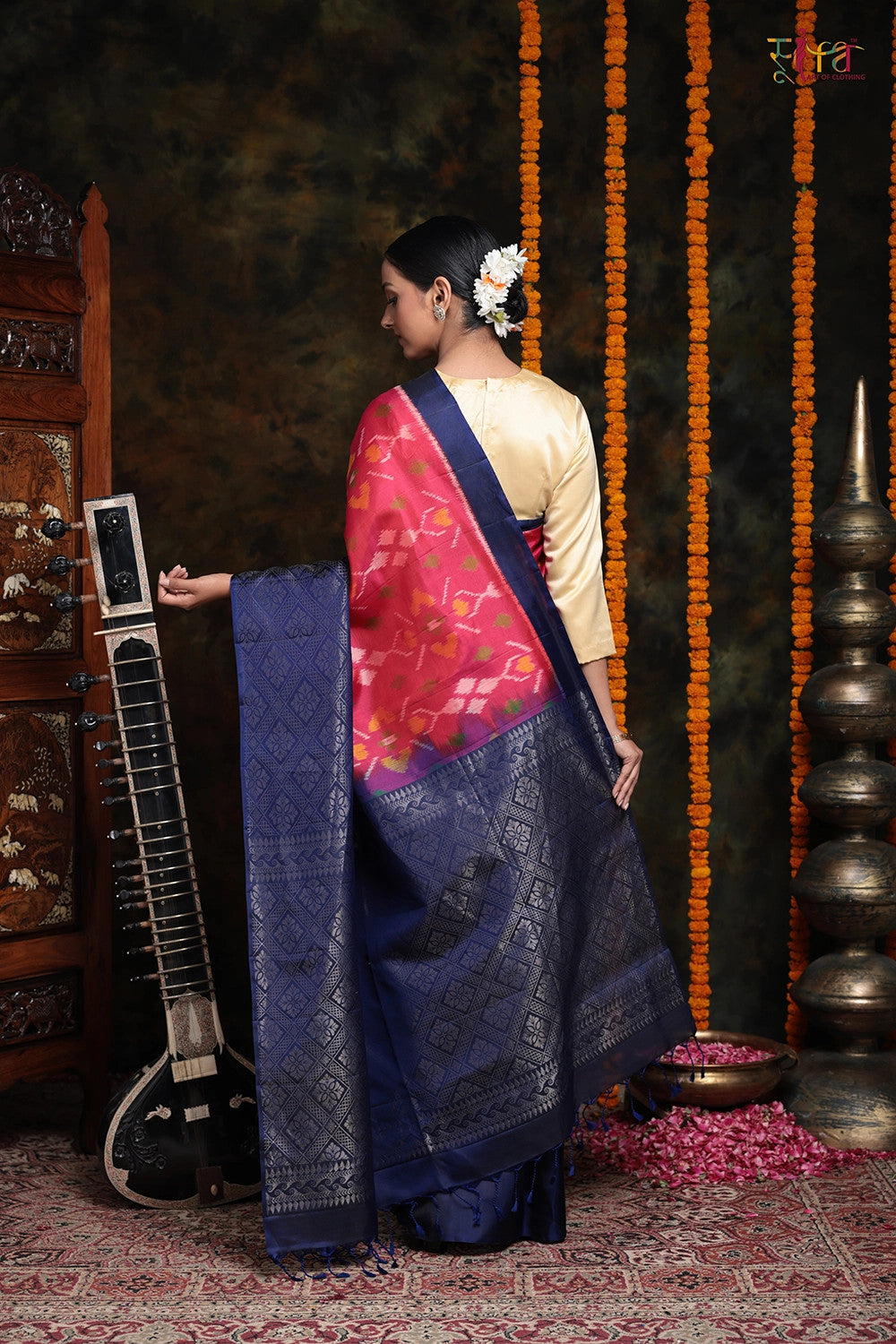 Rose Pink Pure Silk Pochampally Saree With Navy Blue Silver Zari Border