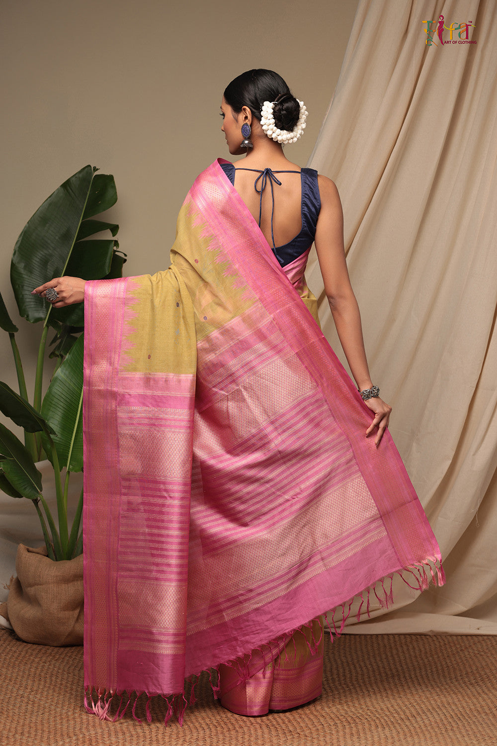 Handloom Limeade Green Pure Cotton Kanchi Saree With Pure Silk Mustard Border And Pallu