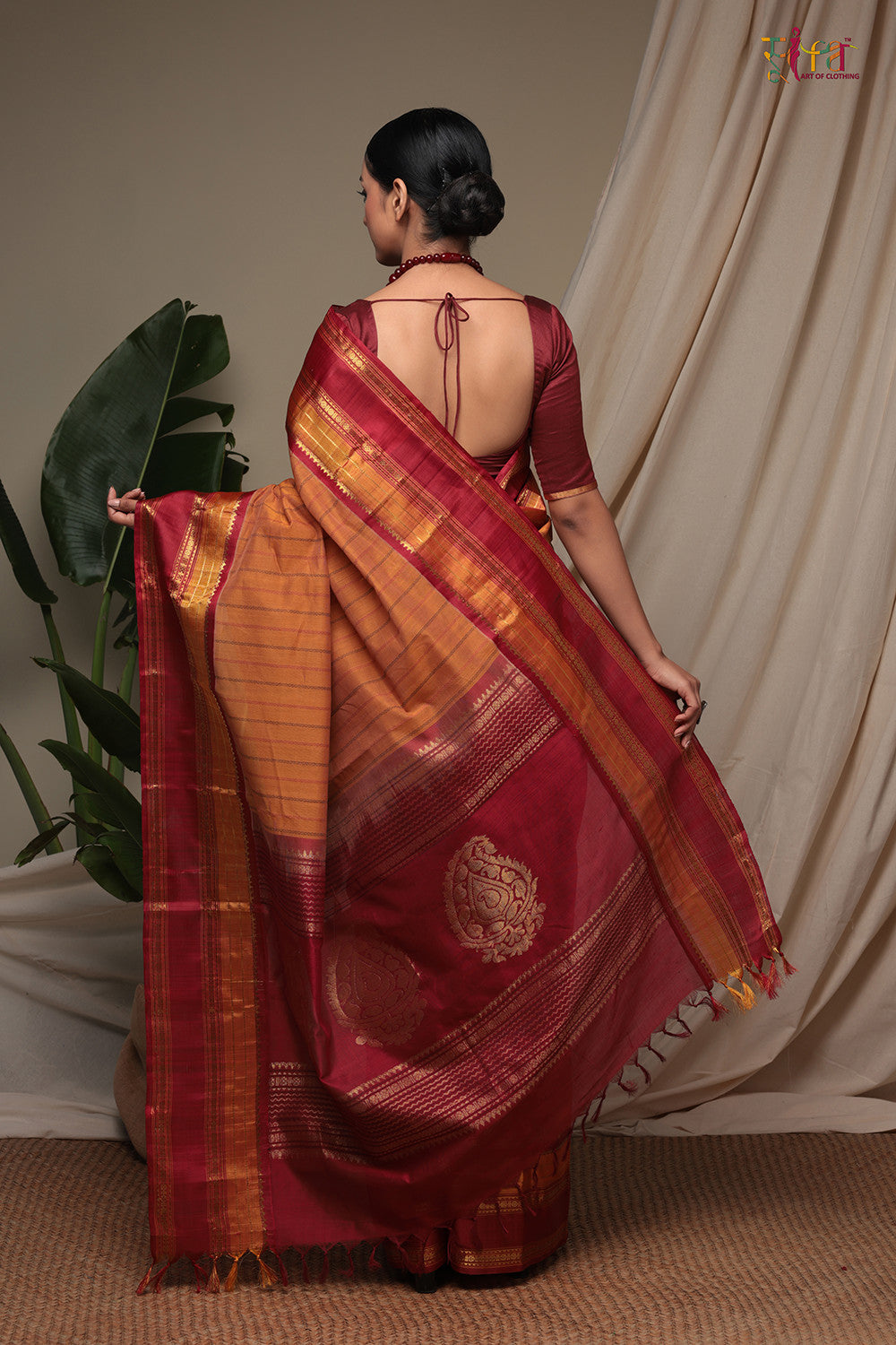 Handloom Alloy Orange Pure Cotton Kanchi Saree With Pure Silk Border And Pallu