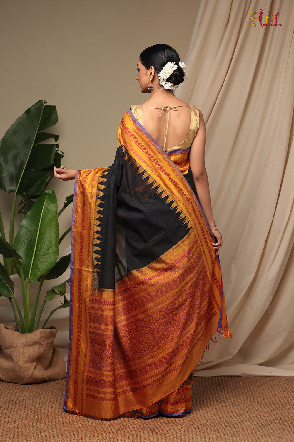 Handloom Black Pure Cotton Kanchi Saree With Pure Silk Mustard Border And Pallu