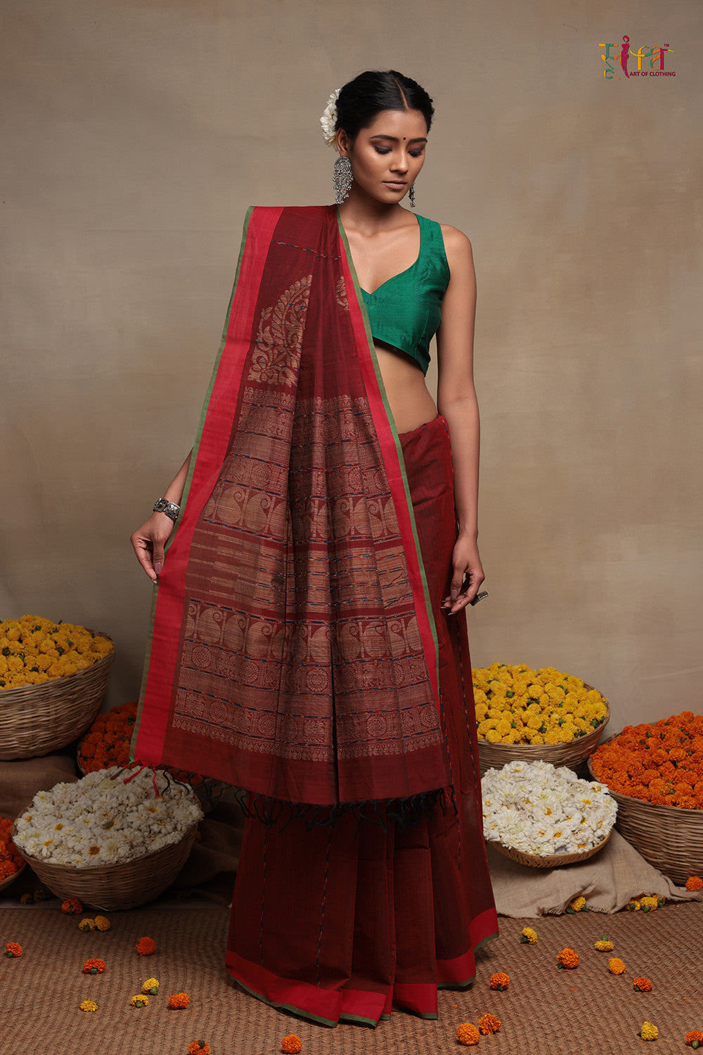 Traditional Maroon Handloom Cotton Kanchi Saree