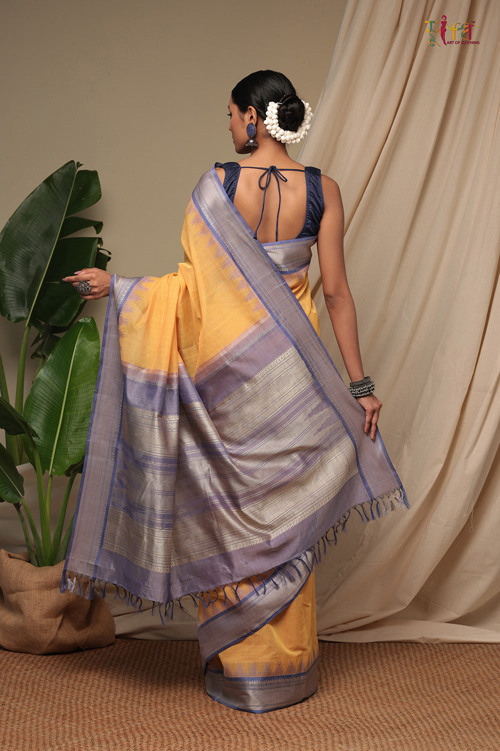 Handloom Butter Yellow Pure Cotton Kanchi Saree With Pure Silk Border And Pallu