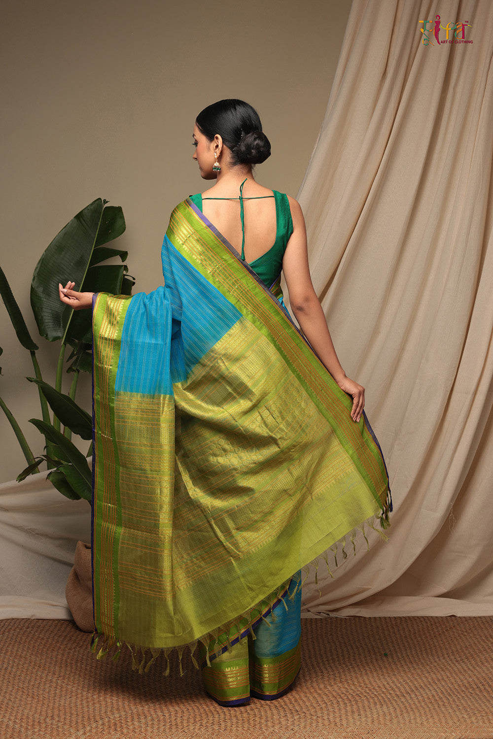 Handloom Ocean Blue Pure Cotton Kanchi Saree With Pure Silk Border And Pallu