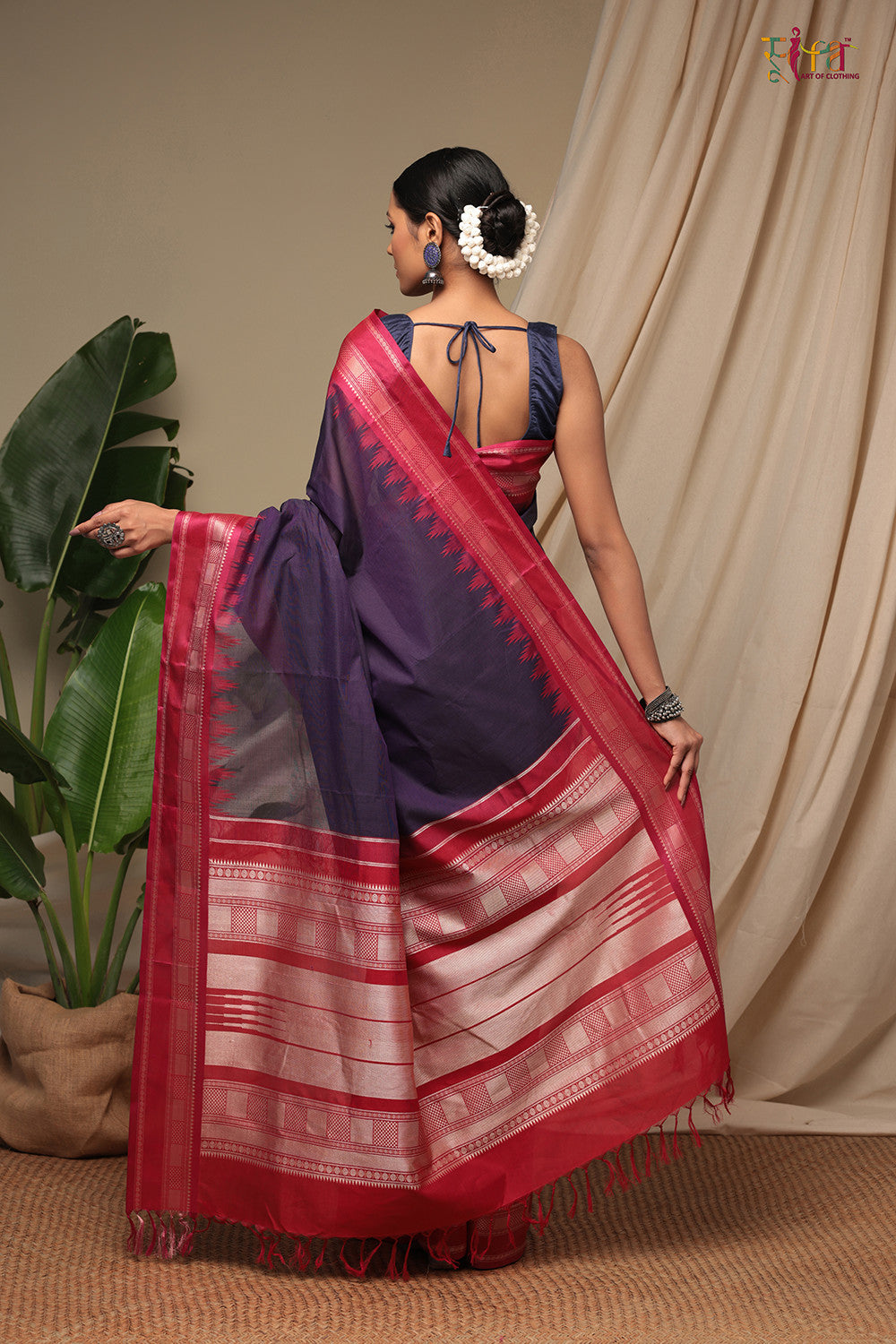 Handloom Dark Purple Pure Cotton Kanchi Saree With Pure Silk Border And Pallu