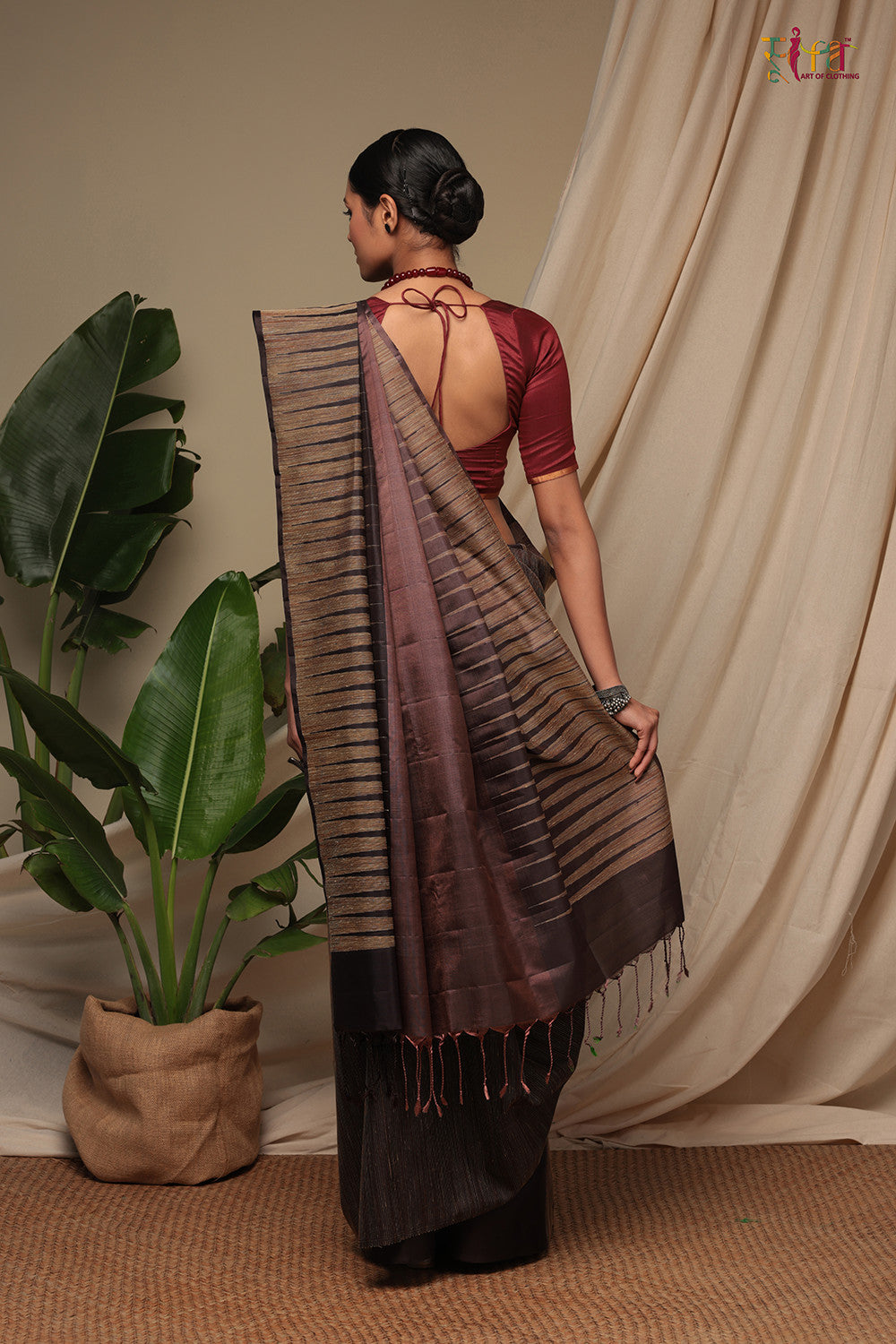 Handloom Chocolate Brown Pure Silk Kanchi Contemporary Saree