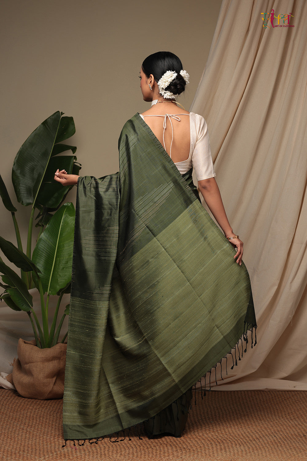 Handloom Basil Green Pure Silk Kanchi Contemporary Saree