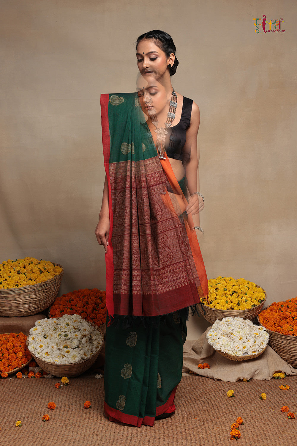 Dark green handloom Cotton Kanchi saree