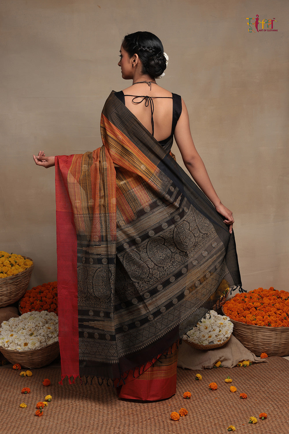 Orange And Black Pure Cotton Handloom Kanchi Saree