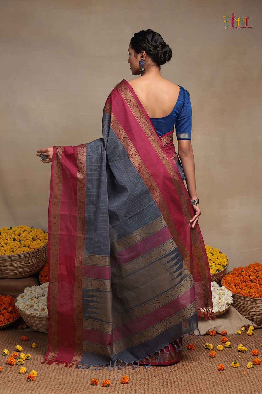 Handloom Slate Grey pure Cotton Kanchi Saree with Deep Pink Border