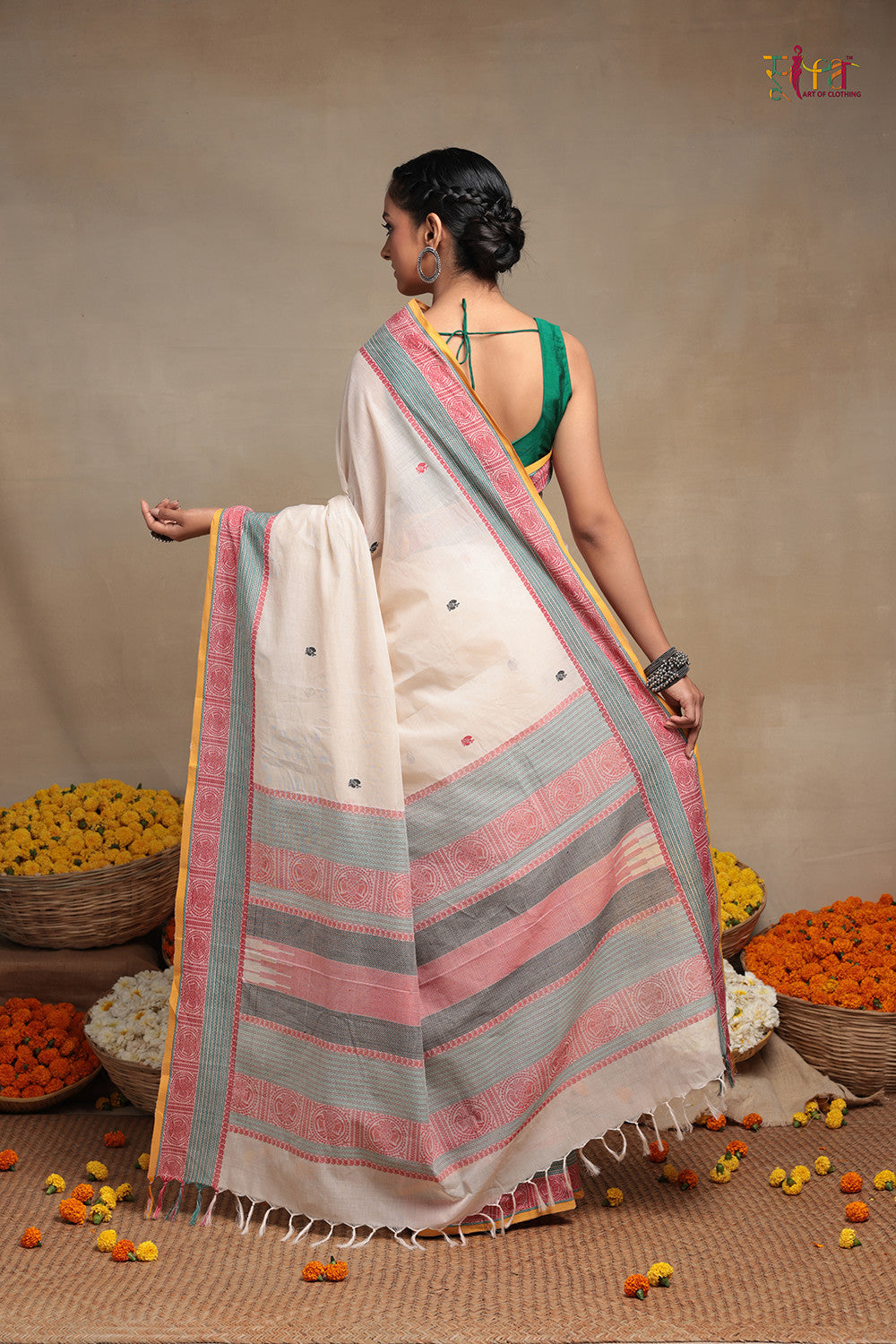 Handloom Cream Pure Cotton Kanchi Saree