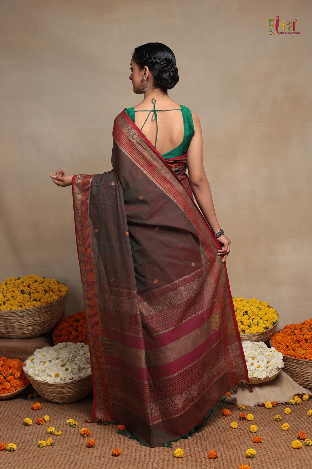 Handloom Green Brown Pure Cotton Kanchi Saree