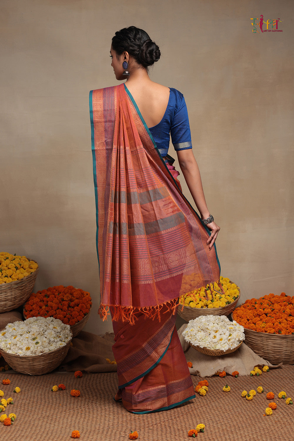 Handloom Fire Orange Pure Cotton Kanchi Saree