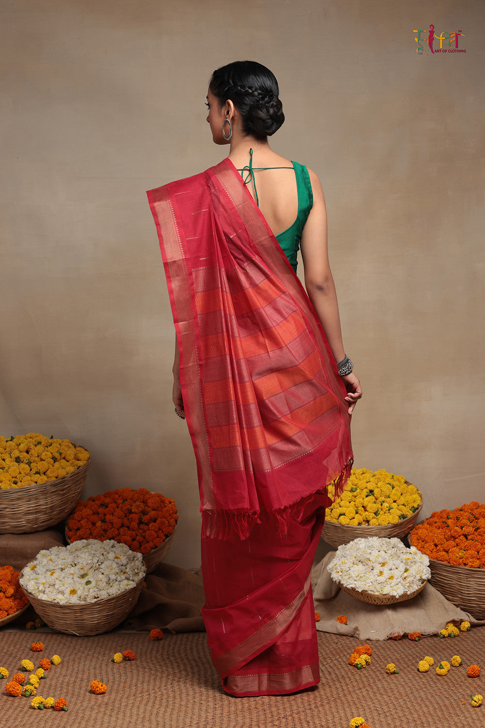 Handloom Raspberry Red Pure Cotton Kanchi Saree