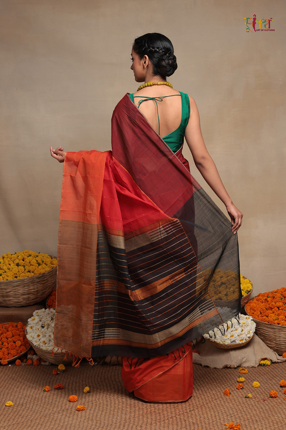 Handloom Red And Orange Pure Cotton Kanchi Saree