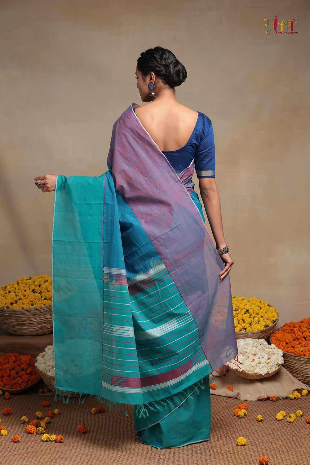 Handloom Vivid Sky Blue Pure Cotton Kanchi  Saree