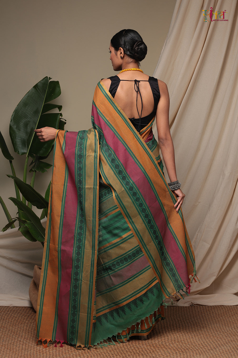 Handloom Green Pure Cotton Kanchi Saree With Multicolour Border