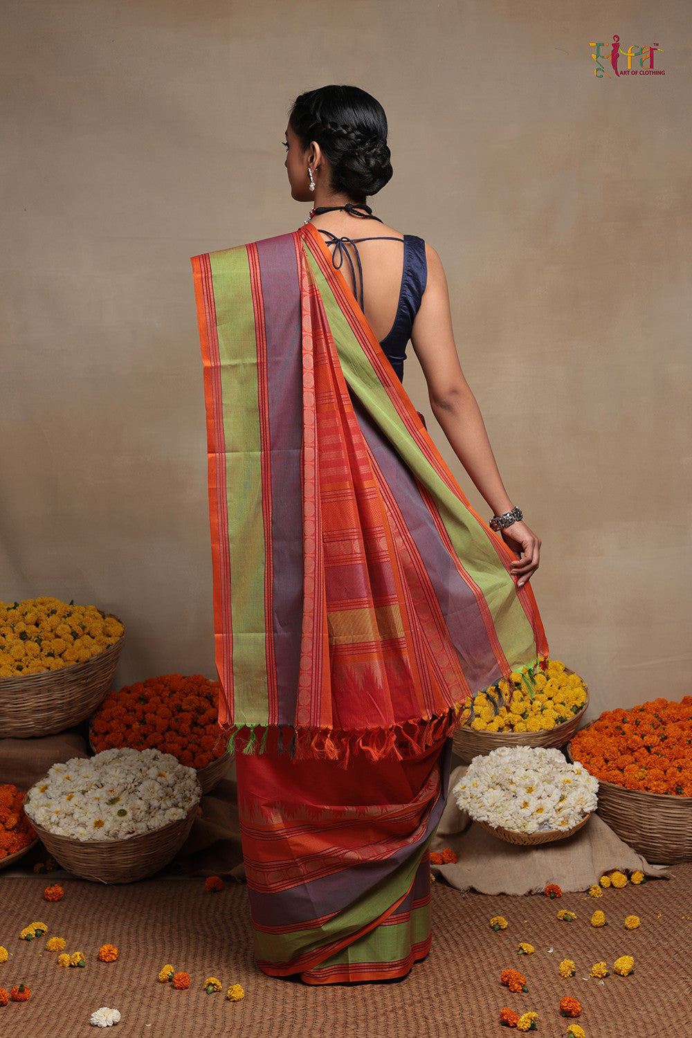 Handloom Royal Orange Pure Cotton Kanchi Saree