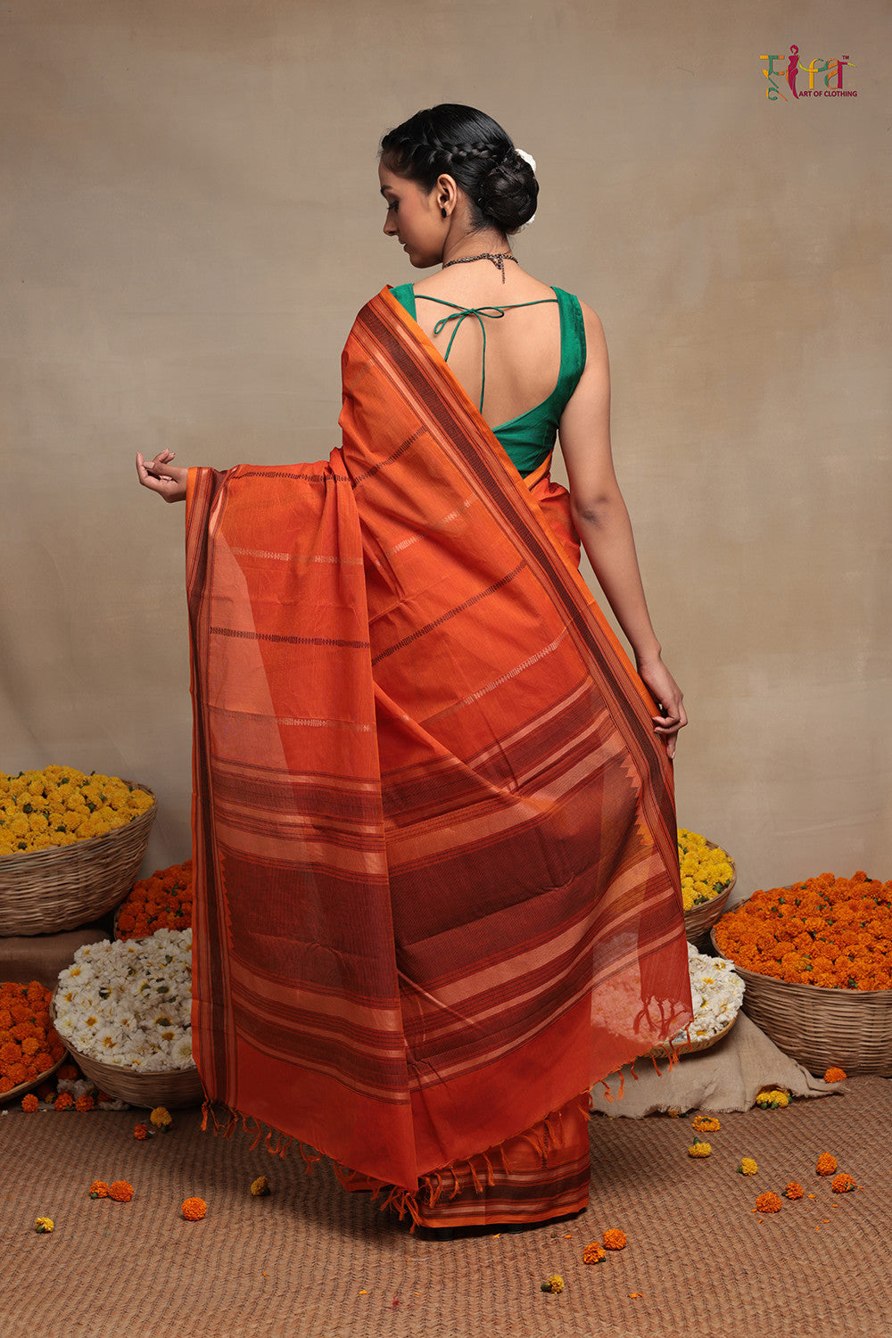 Orange handloom Kanchi Saree with Stripes