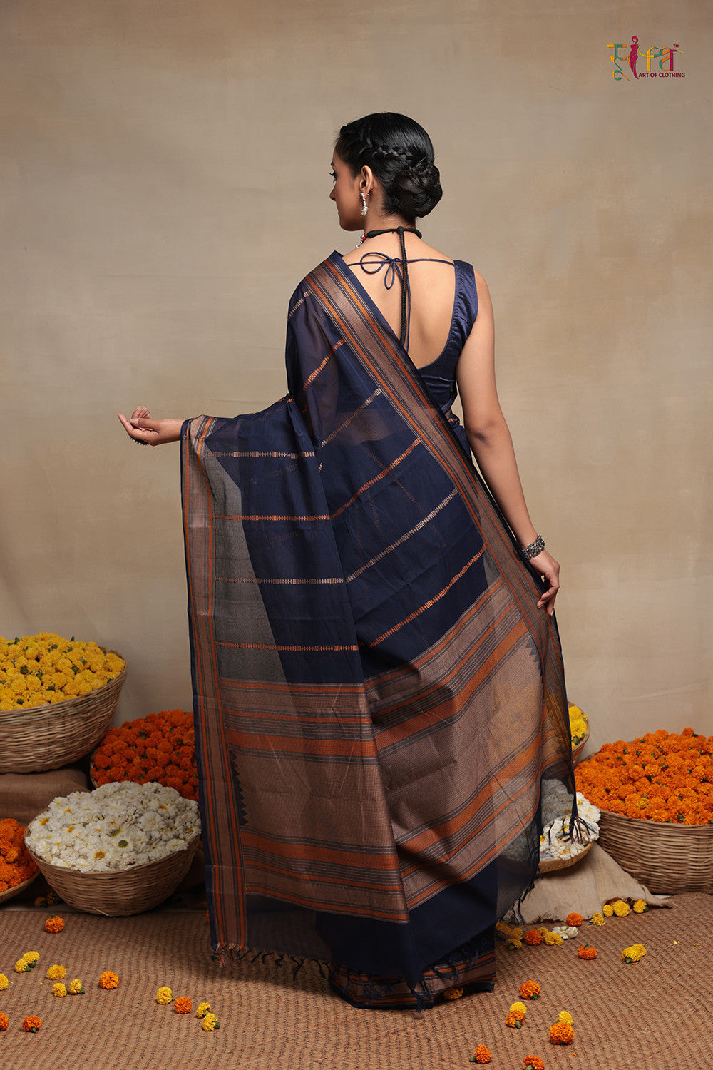 Handloom Navy Blue Kanchi Cotton Saree