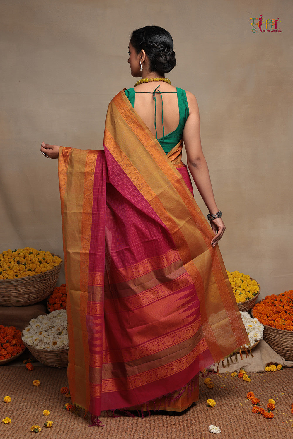 Handloom Hot Pink With Mustard Kanchi Border Pure Cotton Saree