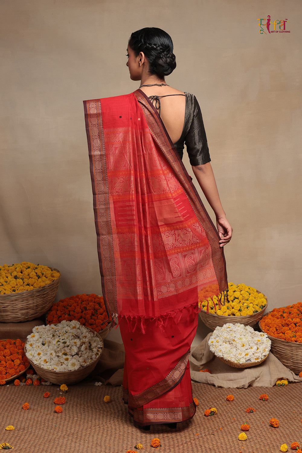 Bright Orange Pure Cotton Kanchi Saree