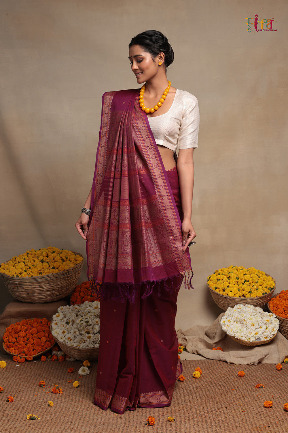 Wine Pure Cotton Handloom Kanchi Saree