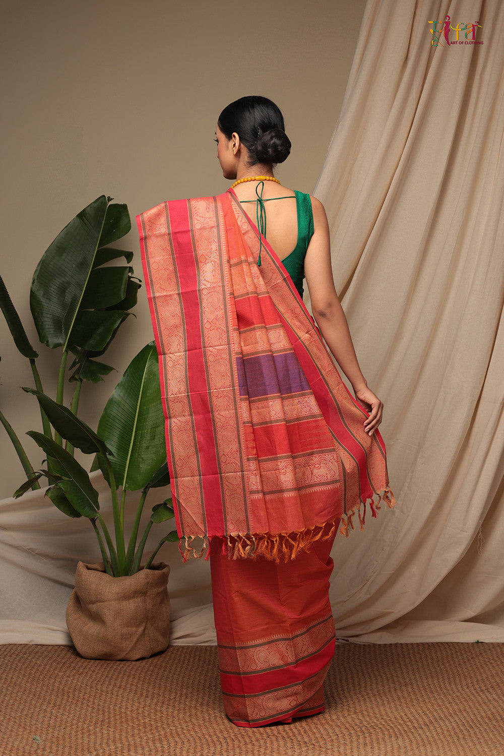 Handloom Coral Red Pure Cotton Kanchi Saree With Generous Border