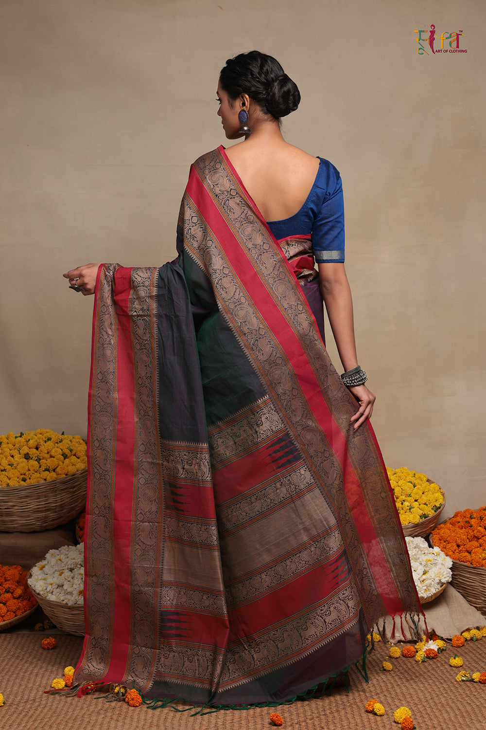 Handloom Dark Green Cotton Kanchi Saree