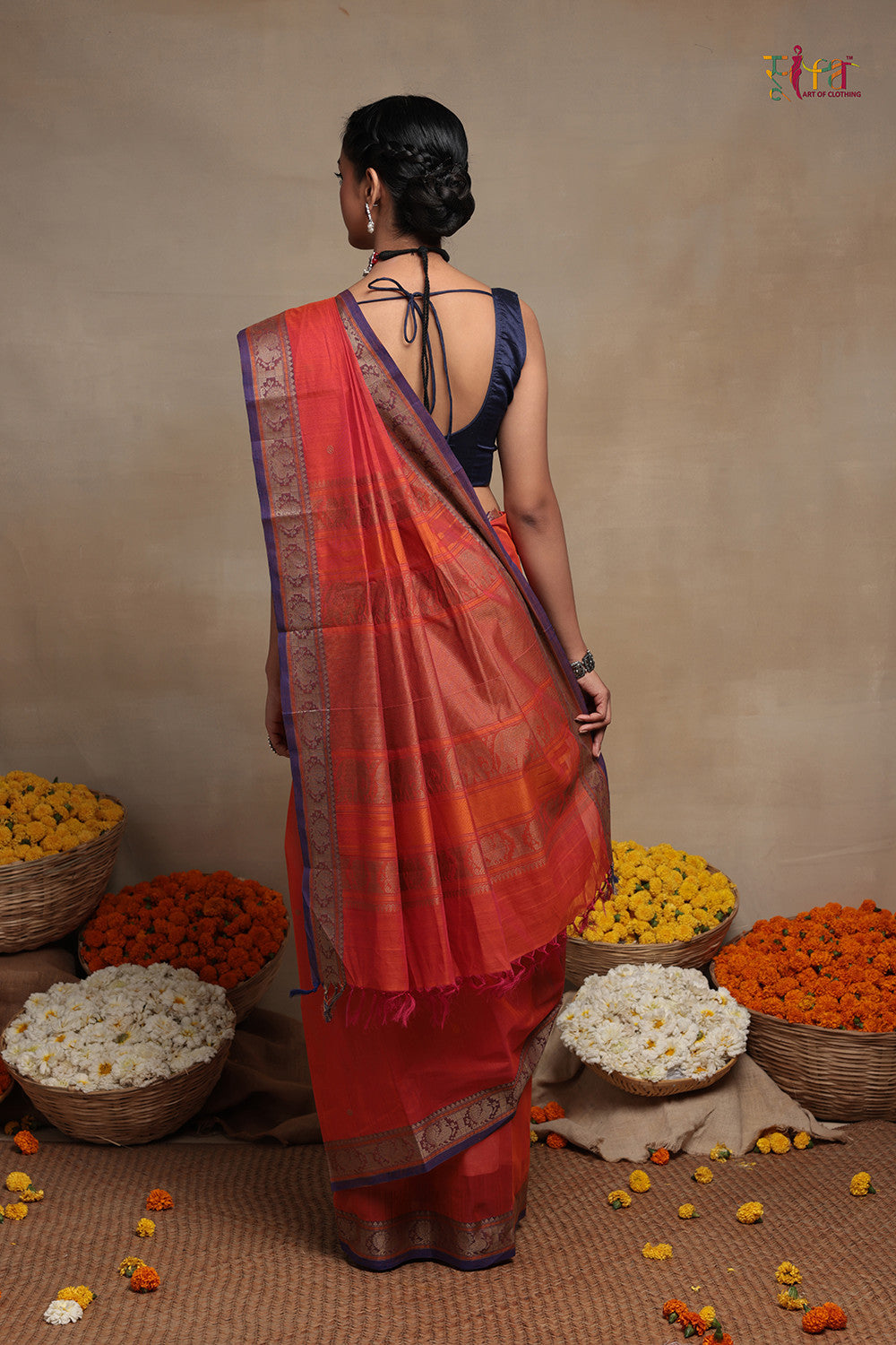 Handloom Firey Orange Kanchi Cotton Saree