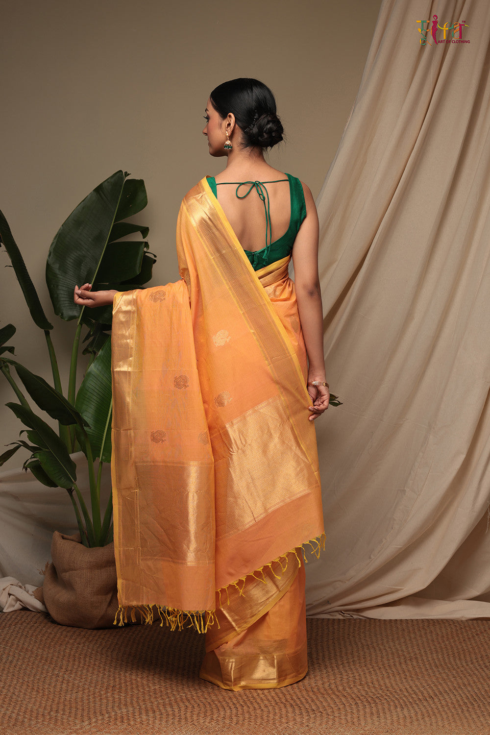 Handloom Amber Orange Pure Cotton Kanchi Saree with Zari Border and Motifs