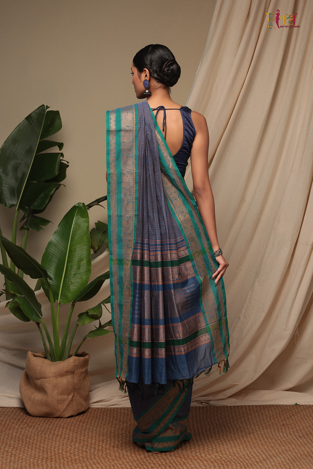 Marine Blue Pure Cotton Handloom Kanchi Saree With Generous Border