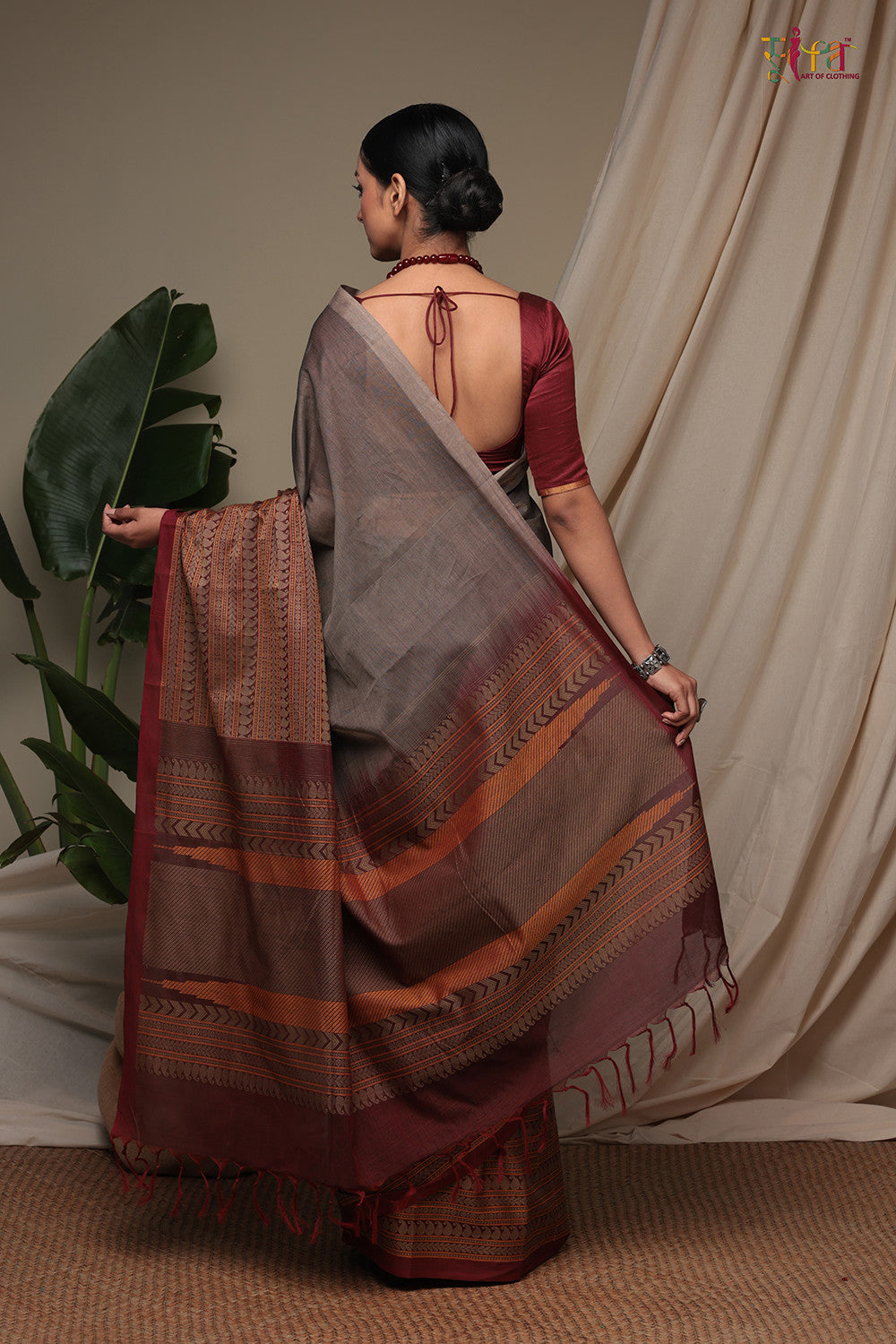 Handloom Smoke Grey & Maroon Pure Cotton Kanchi Saree