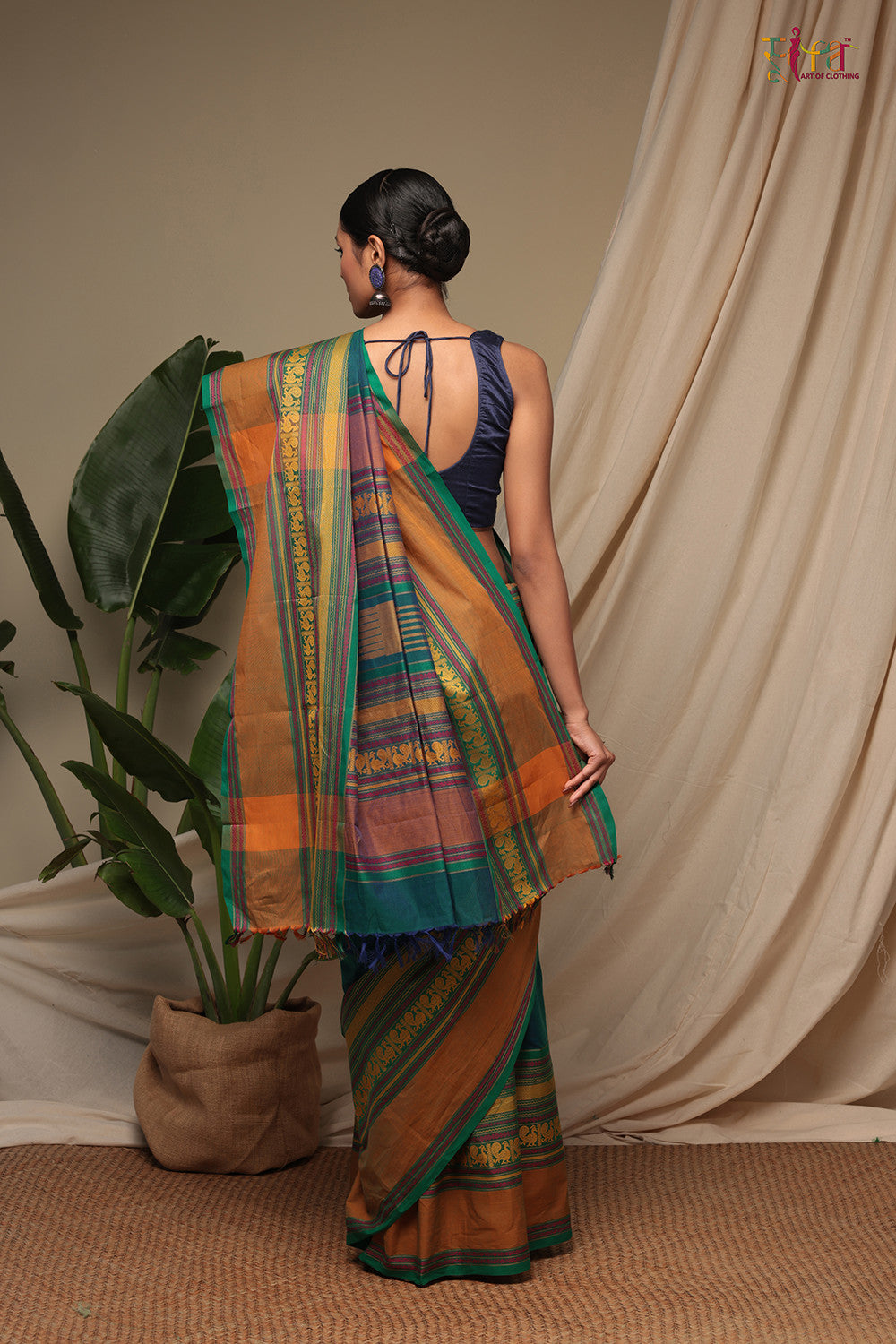 Handloom Blue Green Pure Cotton Kanchi Saree With Generous Border