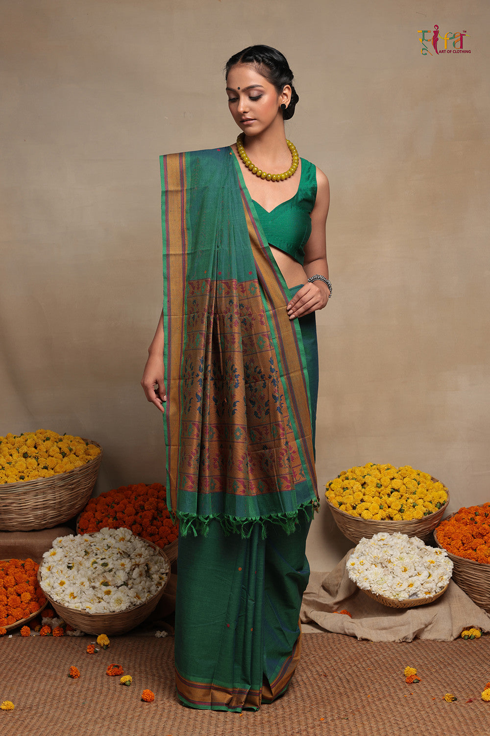 Leaf Green Handloom Pure Cotton Kanchi Saree