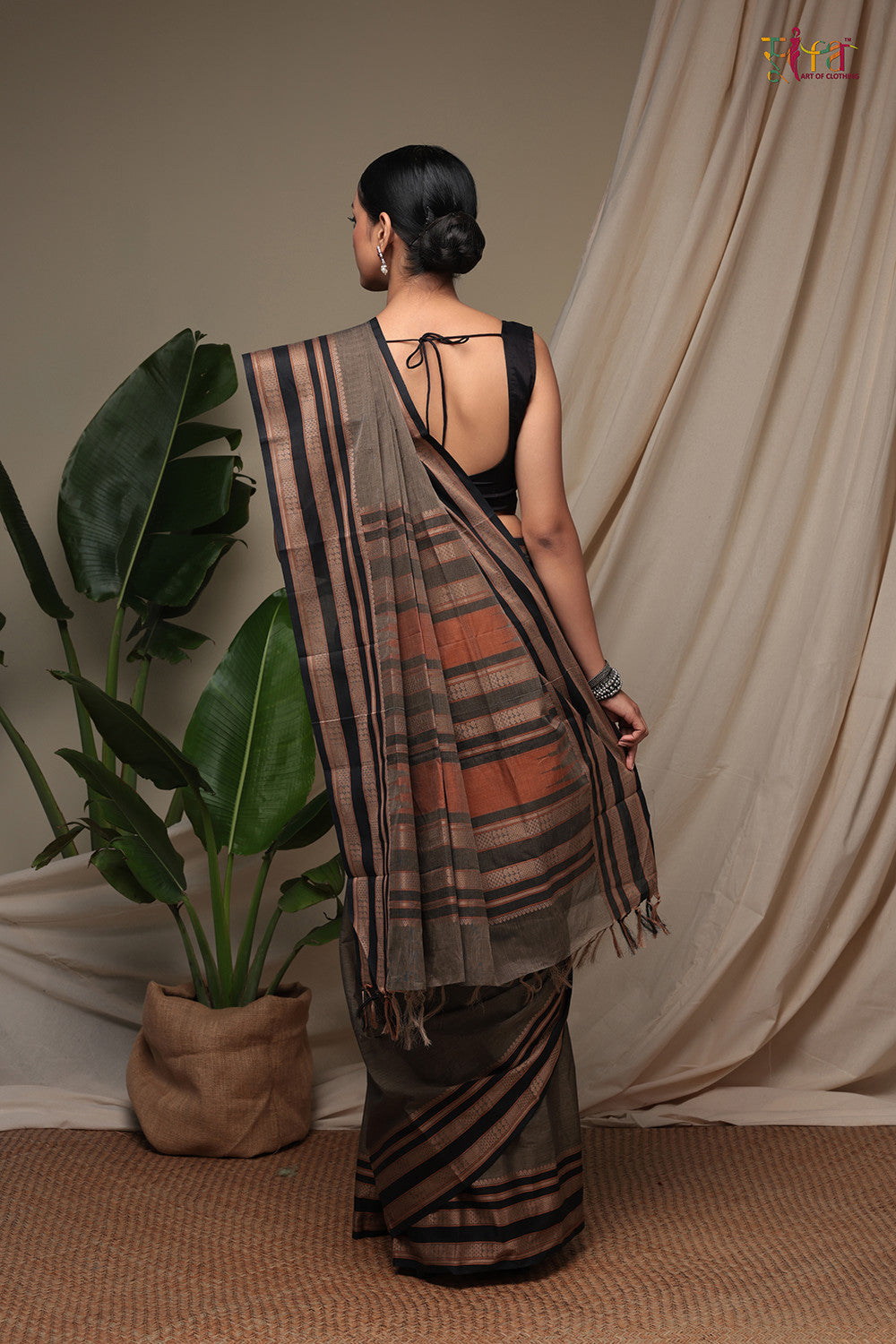 Handloom Mocha Brown Pure Cotton Kanchi Saree