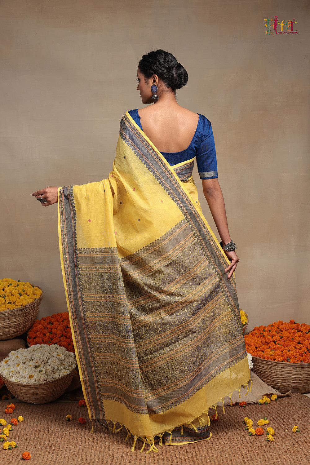 Handloom Daffodil Yellow Pure Cotton Kanchi Saree