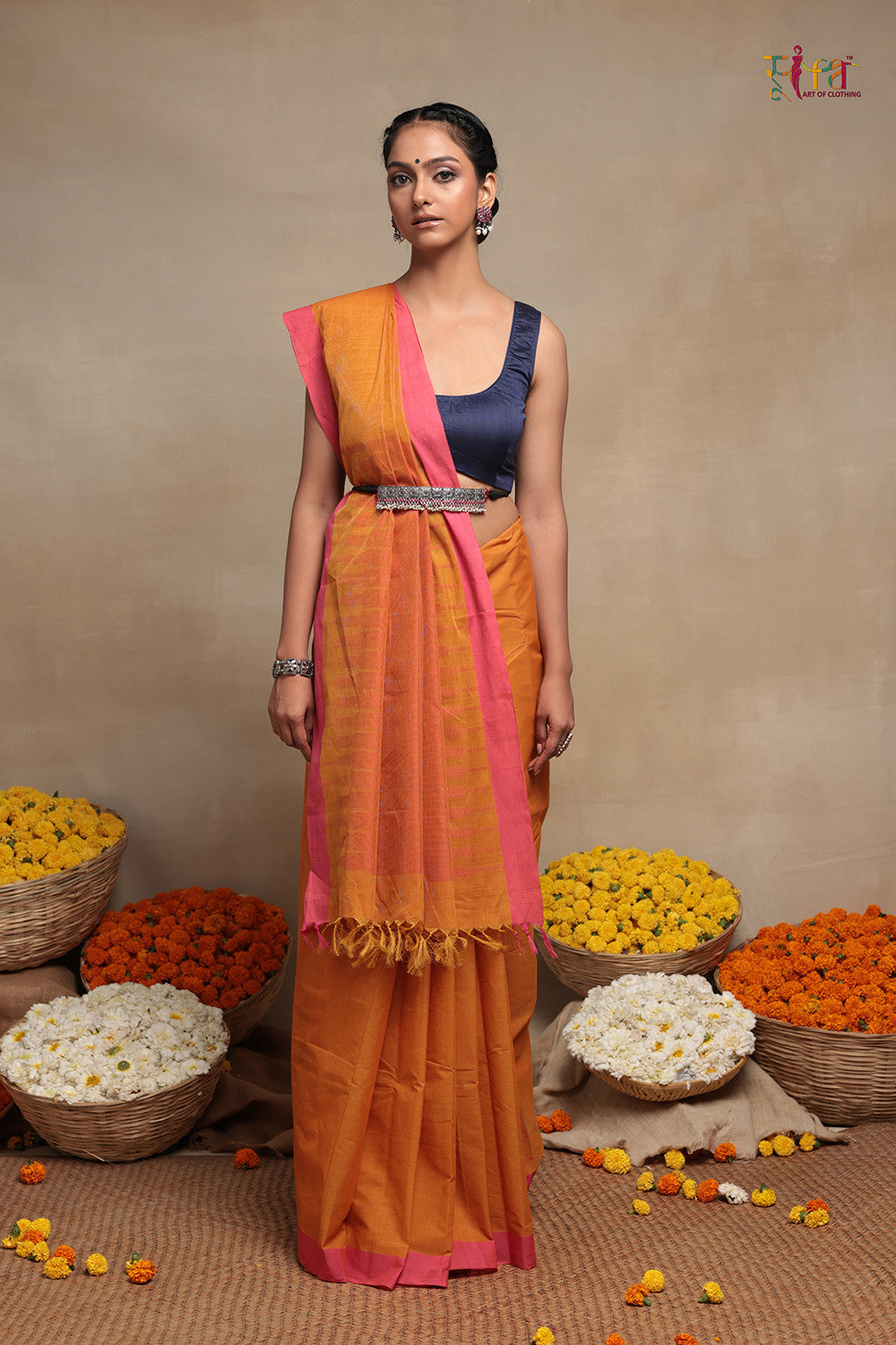 Handloom Mango Tango Orange Kanchi Cotton Saree